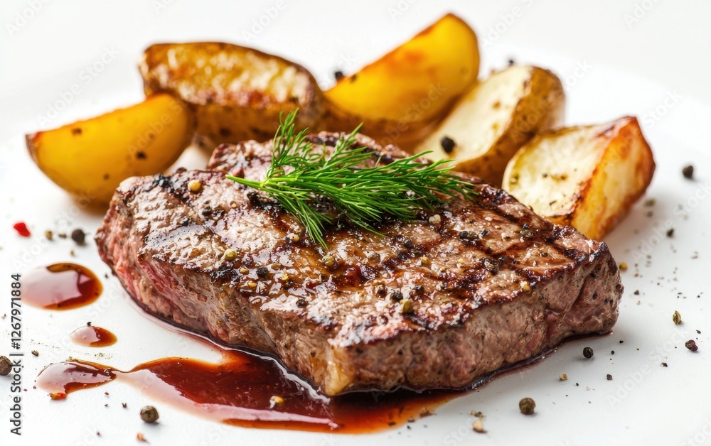 Steak with potato wedges, fresh dill, and sauce splashes on a crisp white background Steak with potato wedges, fresh dill, and sauce splashes on a crisp white background