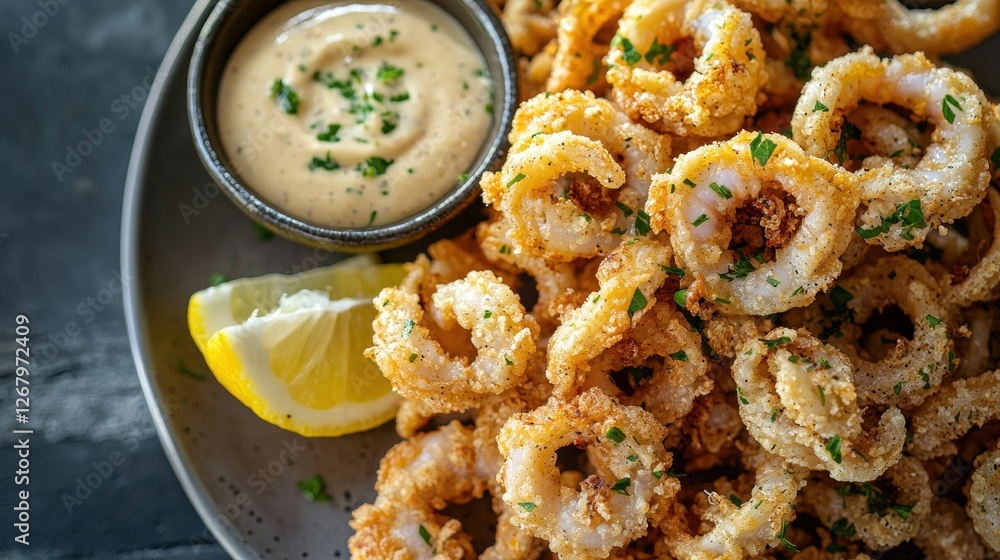 A plate of golden fried calamari with lemon wedges and dipping sauce. A plate of golden fried calamari with lemon wedges and dipping sauce.
