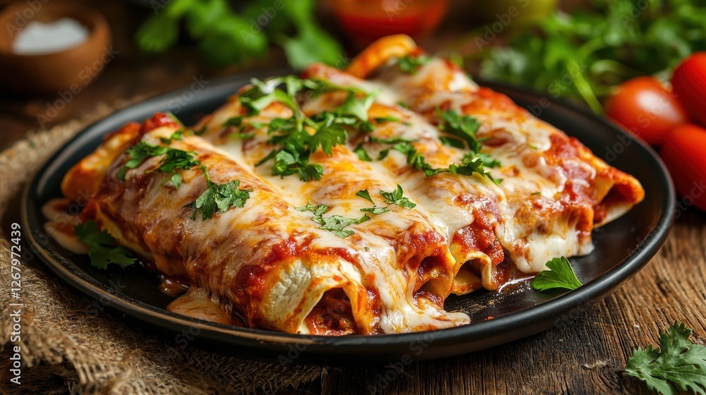 A plate of enchiladas covered in melted cheese and a spicy tomato sauce. A plate of enchiladas covered in melted cheese and a spicy tomato sauce.