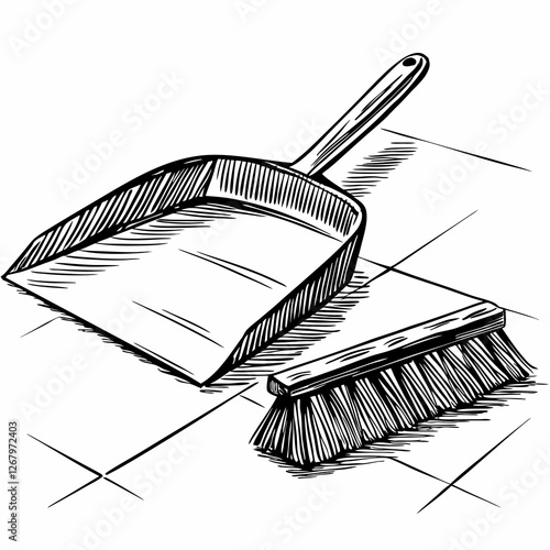 Black line sketch of dustpan and brush set, placed on floor surface. Concepts: sweeping crumbs, domestic cleanup, household tools, light cleaning.