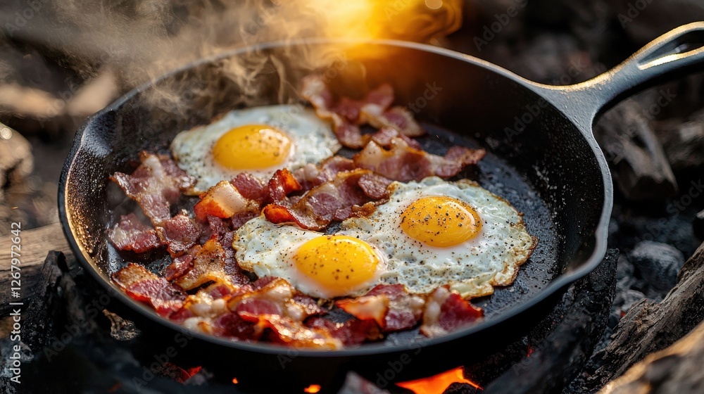 A sizzling cast iron pan with freshly cooked bacon and eggs. A sizzling cast iron pan with freshly cooked bacon and eggs.