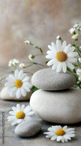 Simple floral arrangement with stones in a modern interior setting for relaxation