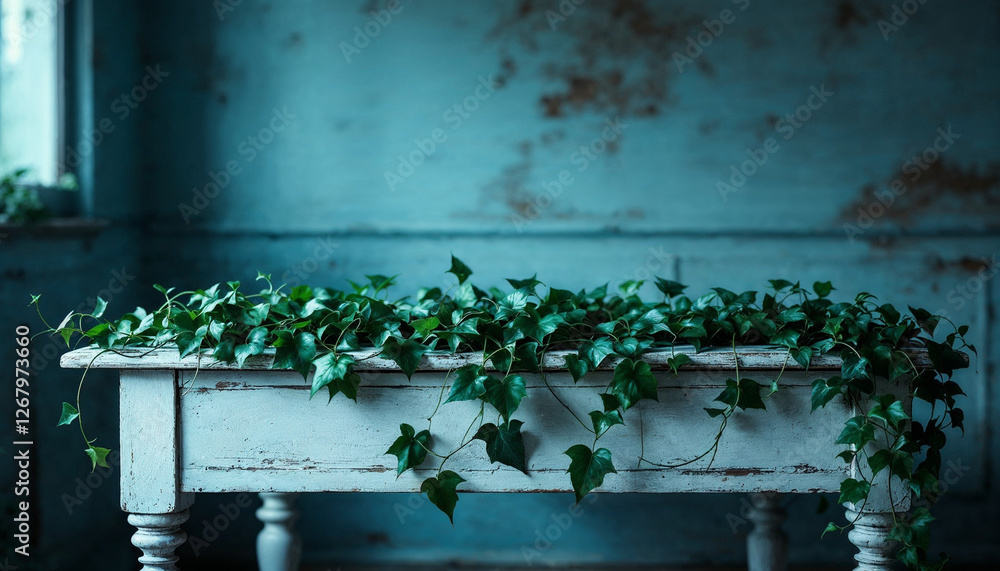 Hojas verdes sobre una mesa de madera blanca