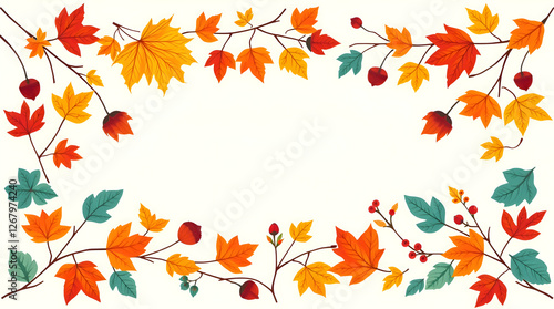 Wallpaper Mural Autumn leaves border frame with acorns on white background. Elegant fall foliage frame for seasonal designs, invitations, and greeting cards. Nature-inspired autumn frame with vibrant orange, yellow.  Torontodigital.ca
