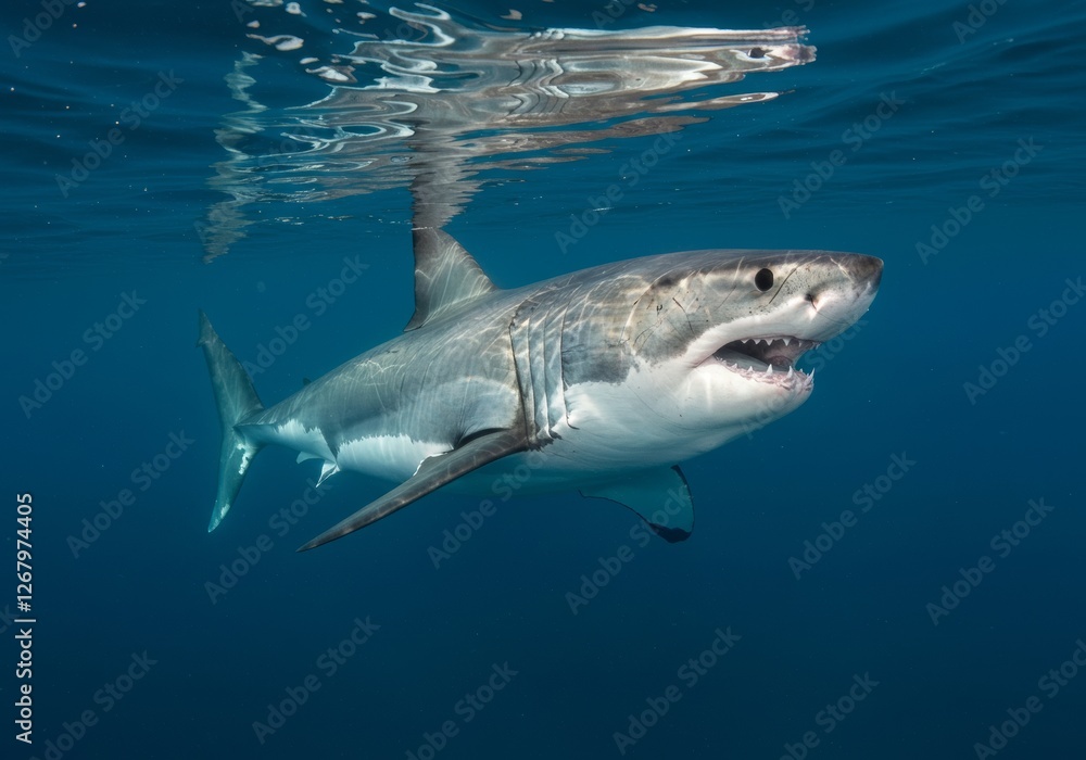 Naklejka premium A large great white shark swimming underwater, its mouth slightly open, with a mix of white and gray body in deep blue water.