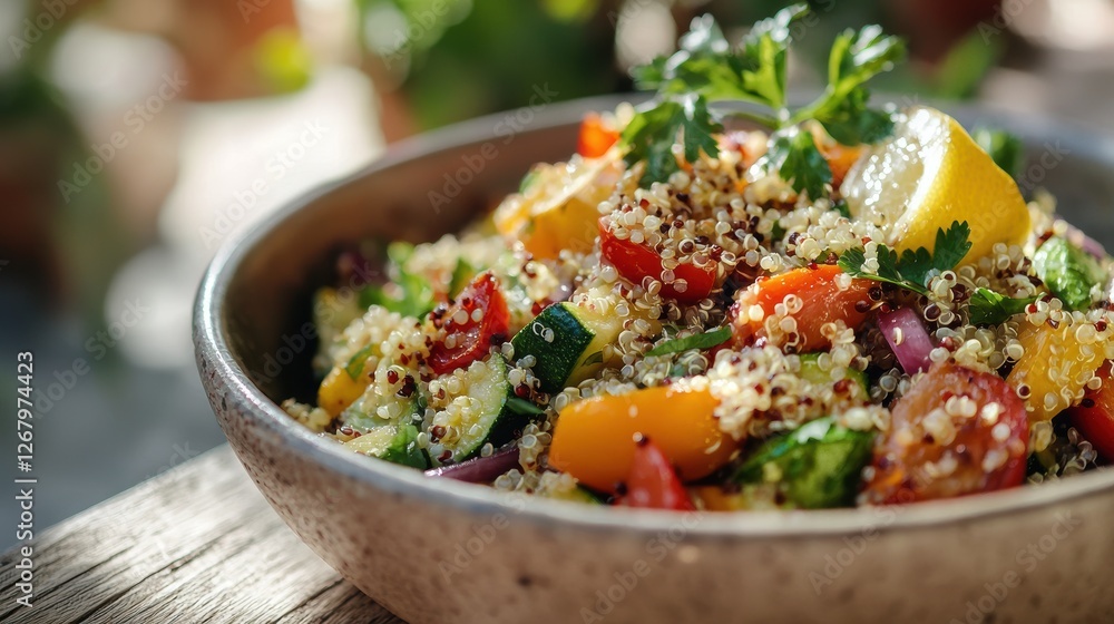 A bowl of quinoa salad with roasted vegetables and a lemon dressing. A bowl of quinoa salad with roasted vegetables and a lemon dressing.