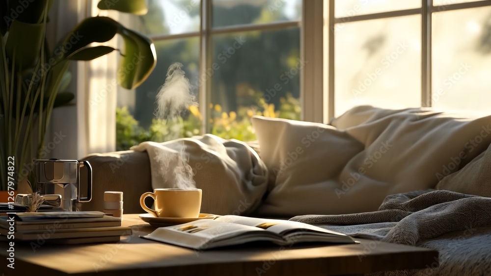 Soft sunlight streaming across wooden table, casting warm glow on steaming coffee mug near open book, evoking peaceful morning ambiance. Concept cozy home, early morning Soft sunlight streaming across wooden table, casting warm glow on steaming coffee mug near open book, evoking peaceful morning ambiance. Concept cozy home, early morning