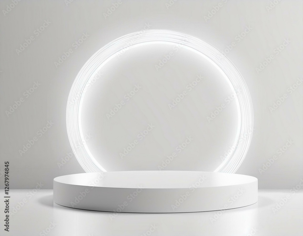 White realistic 3d cylinder pedestal podium with circle rounded neon light backdrop. Abstract vector rendering geometric. Product display presentation. Minimal scene. Social media post background. White realistic 3d cylinder pedestal podium with circle rounded neon light backdrop. Abstract vector rendering geometric. Product display presentation. Minimal scene. Social media post background.