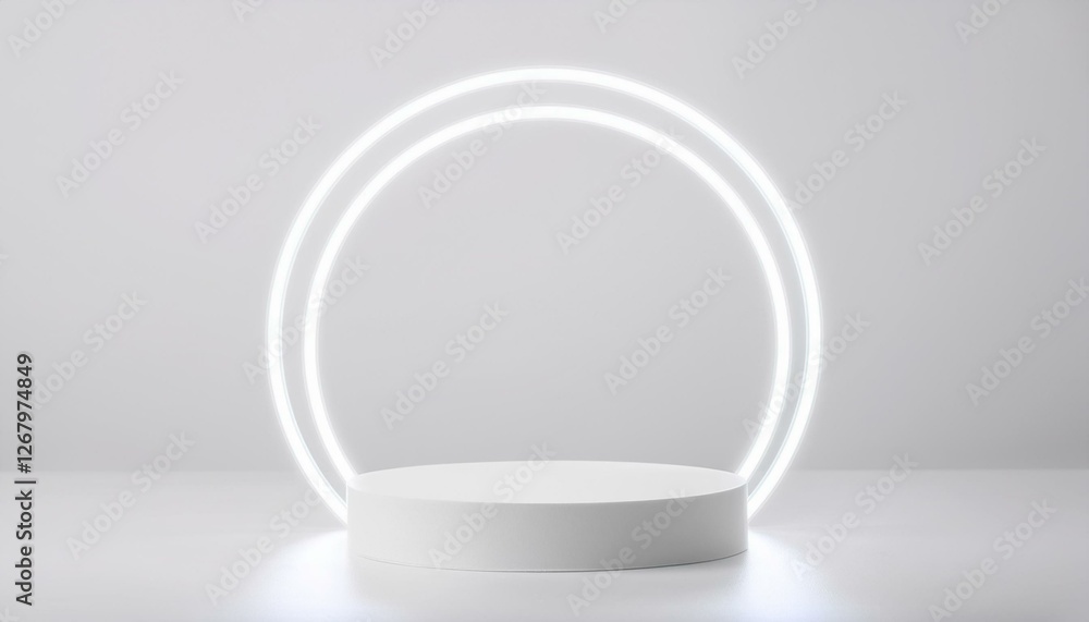 White realistic 3d cylinder pedestal podium with circle rounded neon light backdrop. Abstract vector rendering geometric. Product display presentation. Minimal scene. Social media post background. White realistic 3d cylinder pedestal podium with circle rounded neon light backdrop. Abstract vector rendering geometric. Product display presentation. Minimal scene. Social media post background.