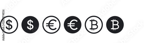 Currency symbols, financial icons, euro sign, dollar sign, bitcoin symbol, circular designs, black and white, minimalist, cryptocurrency, monetary symbols, economic indicators, digital money icon.