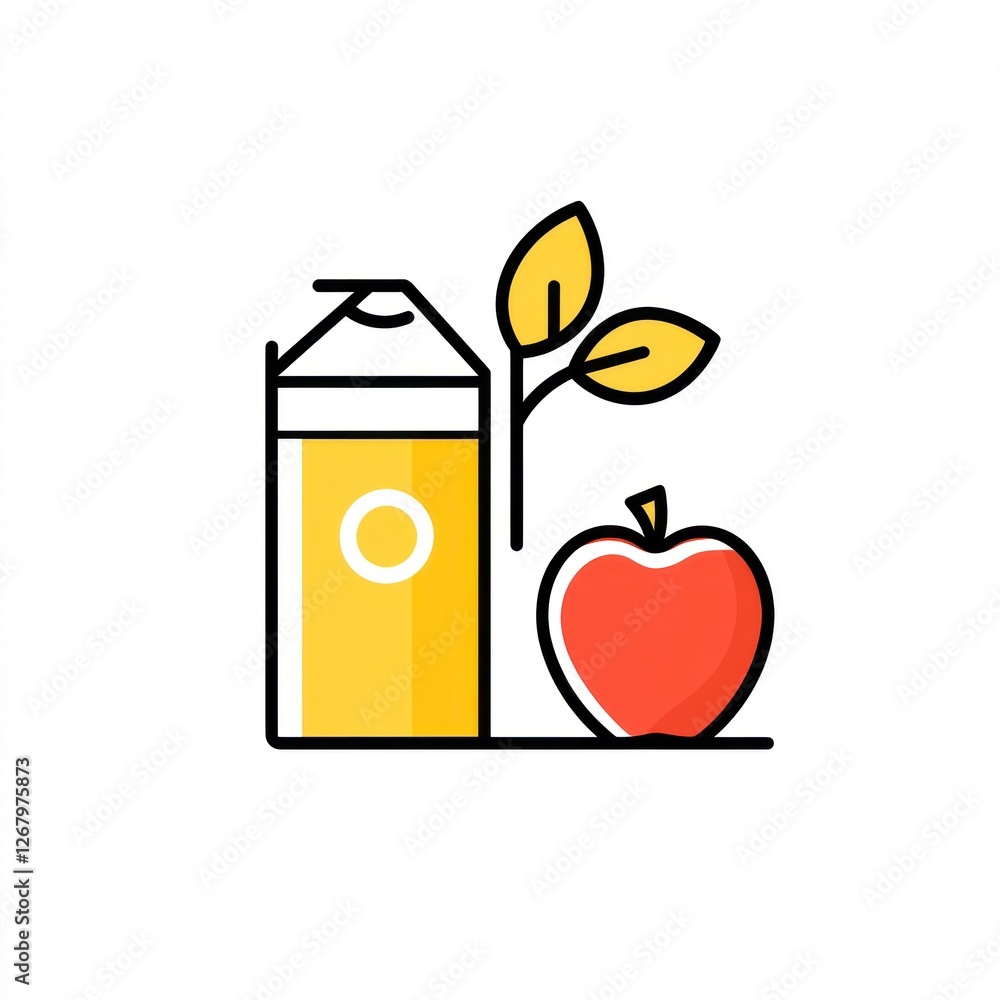 Apple juice carton with apple and leaves. Healthy beverage graphic Apple juice carton with apple and leaves. Healthy beverage graphic