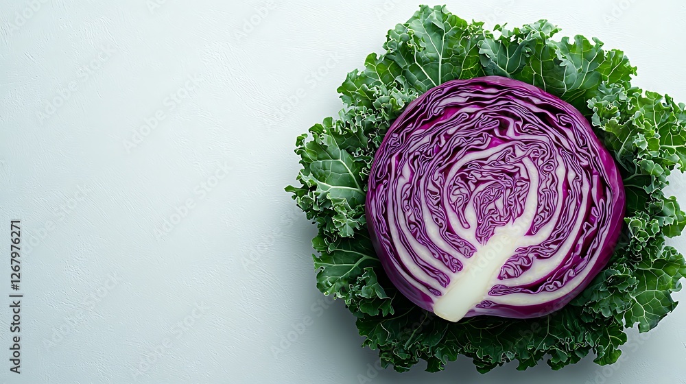 Obraz premium Red cabbage half, kale, white background, healthy food, recipe