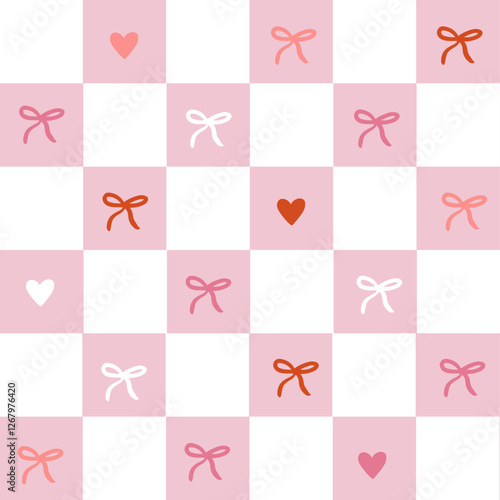 Cute coquette bows checkerboard vector pattern