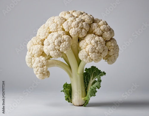 Fresh, white cauliflower with a vibrant green base on a neutral background. photo