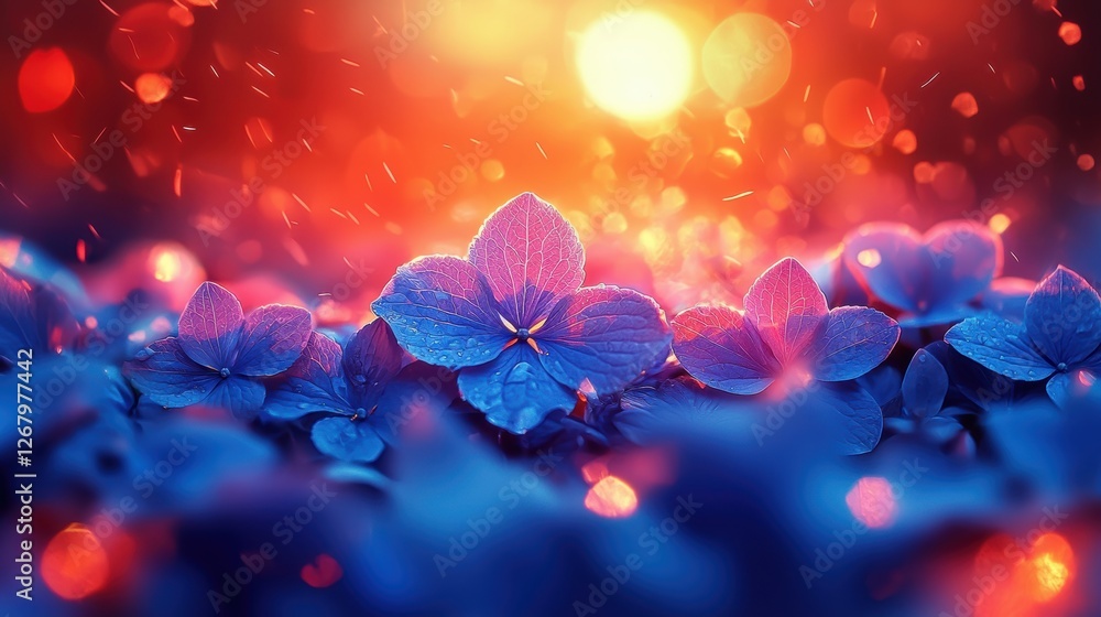 A vibrant close-up of blue flowers illuminated by a warm sunset glow. A vibrant close-up of blue flowers illuminated by a warm sunset glow.