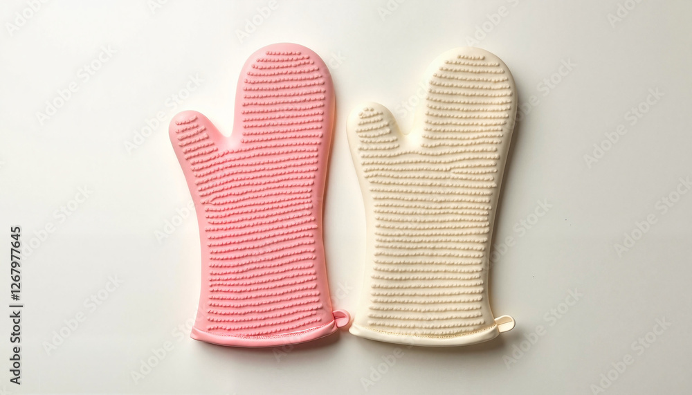 Silicone oven mitts with stripes on a clean background for kitchen safety concept Silicone oven mitts with stripes on a clean background for kitchen safety concept