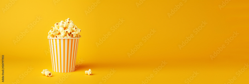 A yellow popcorn box overflowing with fluffy kernels, set against a movie reel backdrop. The design combines elements of food and entertainment