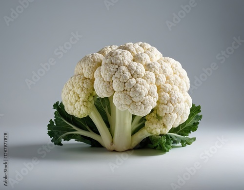 Fresh whole cauliflower with vibrant green leaves, showcasing its unique texture and color. photo