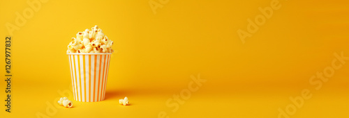 Obraz na płótnie A yellow popcorn box overflowing with fluffy kernels, set against a movie reel backdrop. The design combines elements of food and entertainment w salonie
