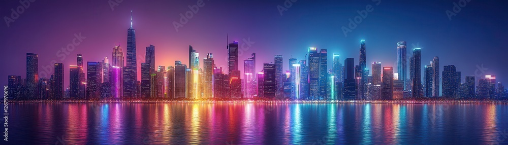 Fototapeta premium A vibrant city skyline illuminated by colorful lights, reflecting on the water, showcasing modern architecture against a twilight backdrop.