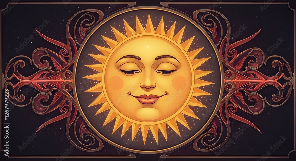 Smiling Sun with Closed Eyes Graphic Illustration in Artistic Frame Smiling Sun with Closed Eyes Graphic Illustration in Artistic Frame