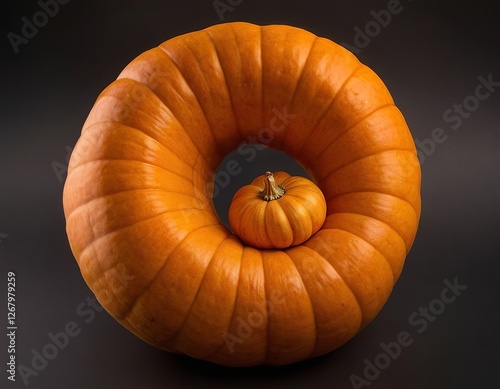 A large, twisted pumpkin encircles a smaller pumpkin, creating an artistic and unique fall display. photo