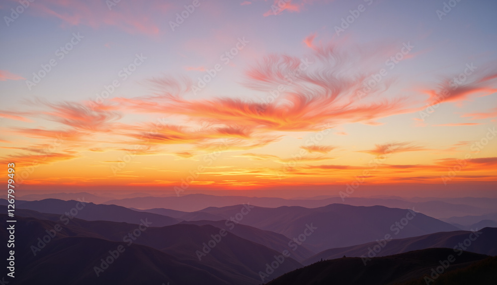 Obraz premium Sunset sky with colorful clouds over mountainous landscape
