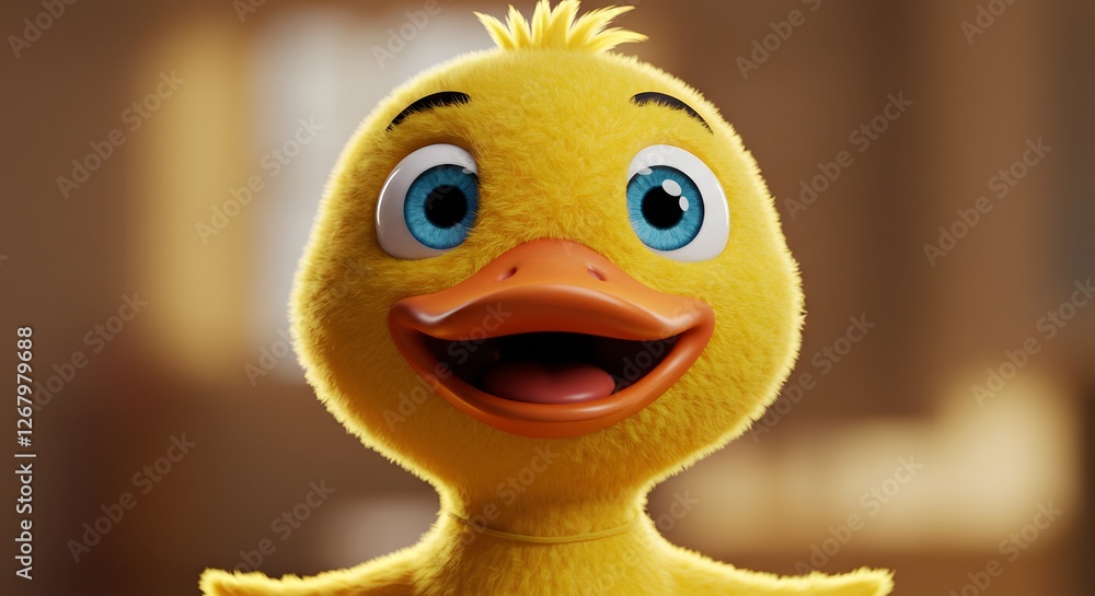 Smiling Yellow Duck Cartoon Character with Bright Blue Eyes Close-up Smiling Yellow Duck Cartoon Character with Bright Blue Eyes Close-up