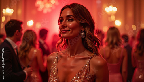Elegant woman smiling at a glamorous party backdrop
