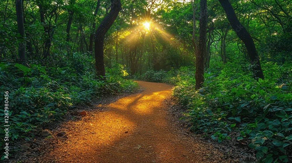 Fototapeta premium Sunlit Forest Path Winding Through Lush Green Foliage