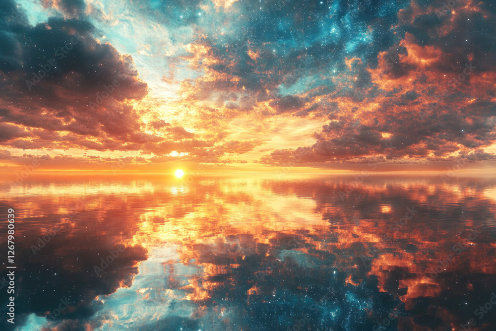 A breathtaking sunset over a calm ocean, mirrored perfectly, with a starry, nebula-filled sky above. A breathtaking sunset over a calm ocean, mirrored perfectly, with a starry, nebula-filled sky above.