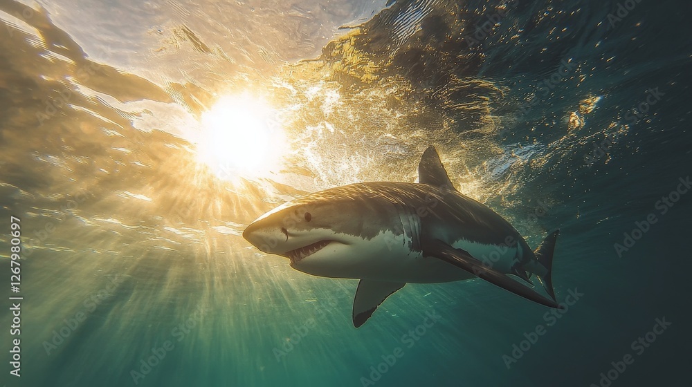 Fototapeta premium Dolphin swimming at sunset in calm ocean waters with vibrant colors reflecting off the surface