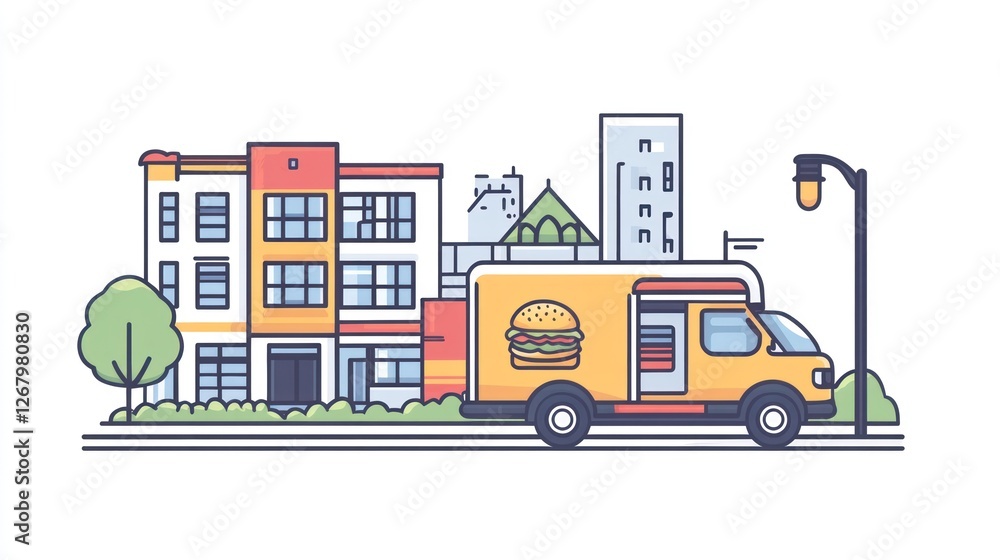 Naklejka premium City food truck burger delivery urban street