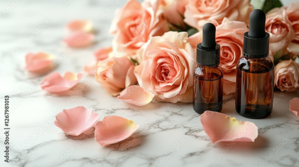 Elegant rose petals and essential oil bottles arranged on a marble surface for a calming skincare routine Elegant rose petals and essential oil bottles arranged on a marble surface for a calming skincare routine