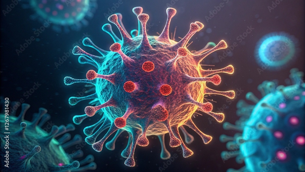 Obraz premium Close-up of a microscopic virus with intricate details, glowing in bioluminescent colors. Ultra-detailed, photorealistic 8K.