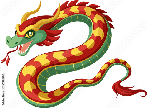 Cute dragon, snake seamless horizontal border pattern design with beautiful scene background swirl clouds, mountain, and wavy sea lines. Chinese decorative elements. 