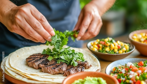 Hands preparing fresh tacos with grilled meat and various toppings from Latin American cuisine.