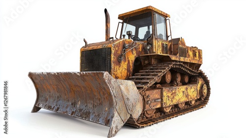 Heavy-duty bulldozer with thick steel tracks and a giant front blade, isolated on a white background.