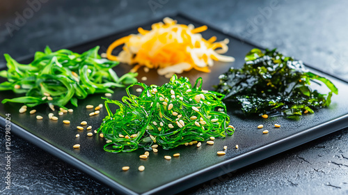 Colorful assortment of seaweed salads on a modern black plate.