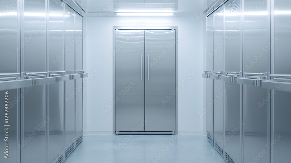Symmetrical fridges and freezers create a clean, minimalist aesthetic in a sterile environment. Bright, uniform lighting highlights the stainless steel. Symmetrical fridges and freezers create a clean, minimalist aesthetic in a sterile environment. Bright, uniform lighting highlights the stainless steel.