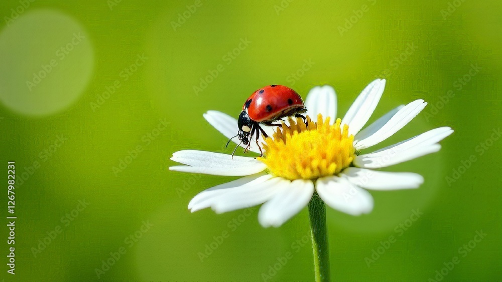 Ladybug on daisy on blurred green background, close up, with space for text Ladybug on daisy on blurred green background, close up, with space for text