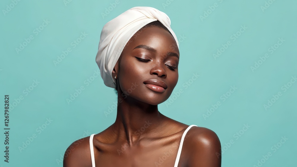 Serene Black woman with eyes closed, wearing a white turban against a teal background Serene Black woman with eyes closed, wearing a white turban against a teal background