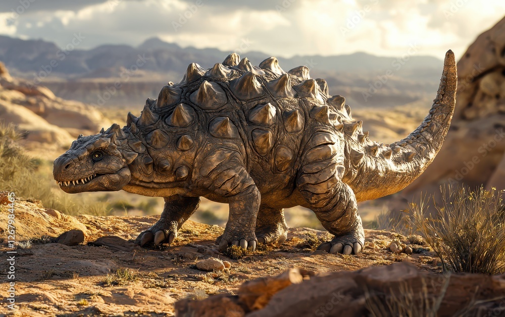 Fototapeta premium National Geographic Armored Ankylosaurus standing firm against a hungry predator, its clubbed tail raised defensively