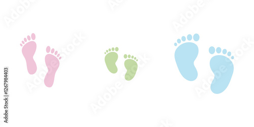 Baby footsteps vector illustration set pairs of colorful foot prints in flat style. White background. Variety colorful Design.