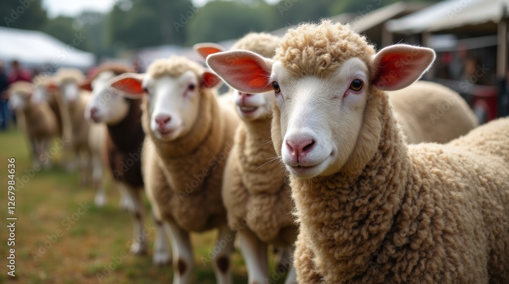 Sheep and wool display at a rural fair, showcasing various breeds and their luxurious wool Sheep and wool display at a rural fair, showcasing various breeds and their luxurious wool