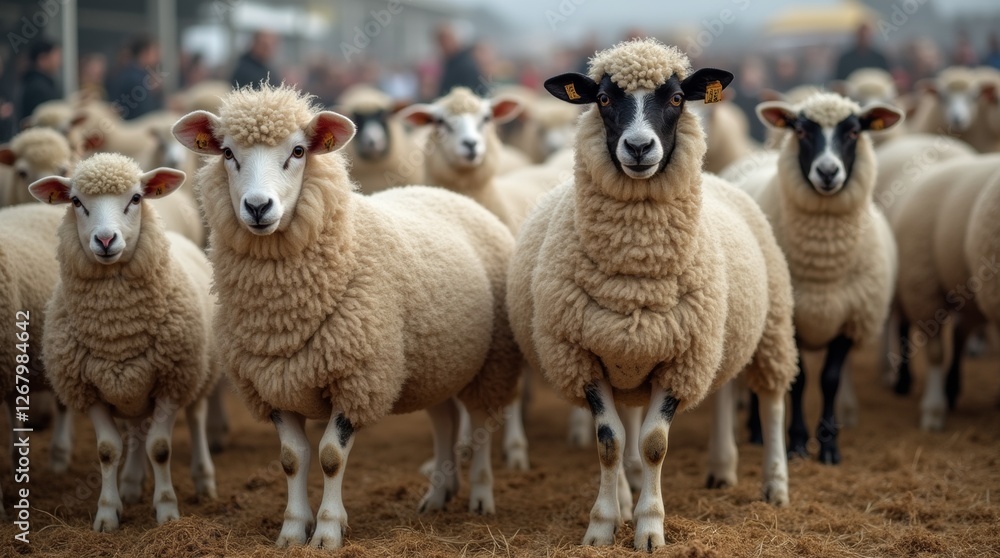 Sheep and wool display at a rural fair, showcasing various breeds and their luxurious wool
