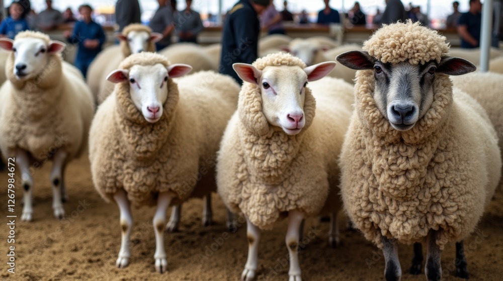 Obraz premium Sheep and wool display at a rural fair, showcasing various breeds and their luxurious wool