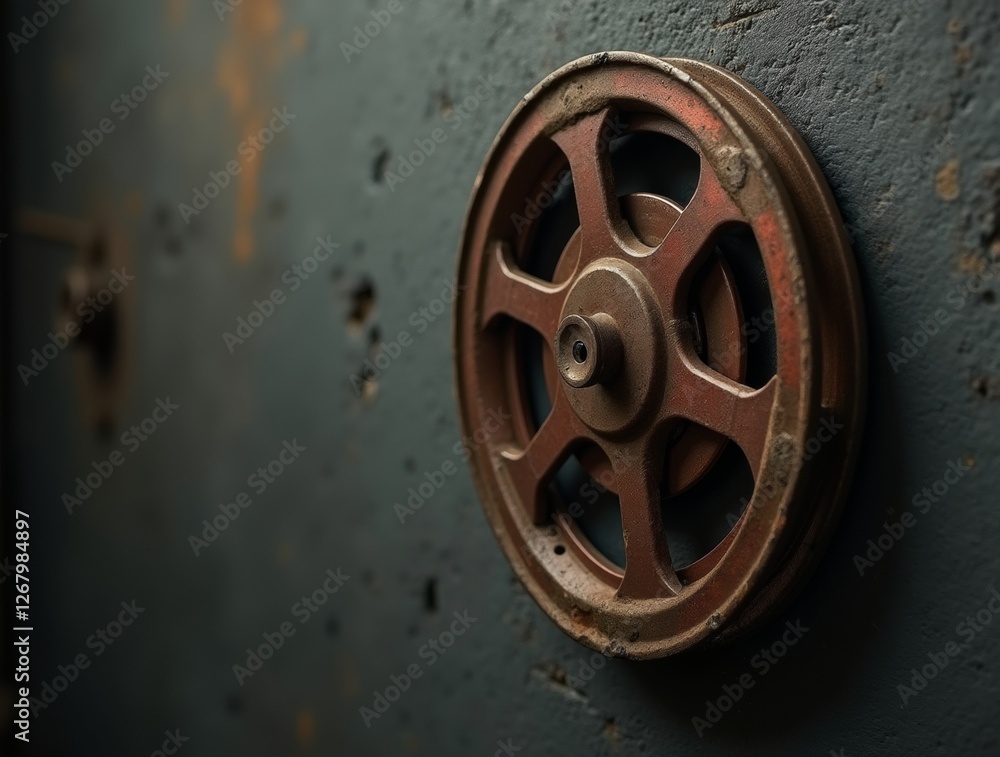 Fototapeta premium Vintage movie reel with a slightly worn metallic texture, hanging on a dark neutral background with soft lighting, creating a rustic, industrial, and historical feel.