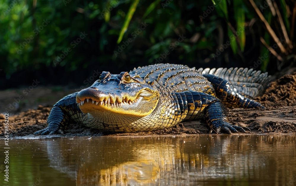 National Geographic Fierce Crocodile basking on a muddy riverbank, rough skin glistening in the tropical sun, sharp teeth barely visible beneath a sly grin National Geographic Fierce Crocodile basking on a muddy riverbank, rough skin glistening in the tropical sun, sharp teeth barely visible beneath a sly grin