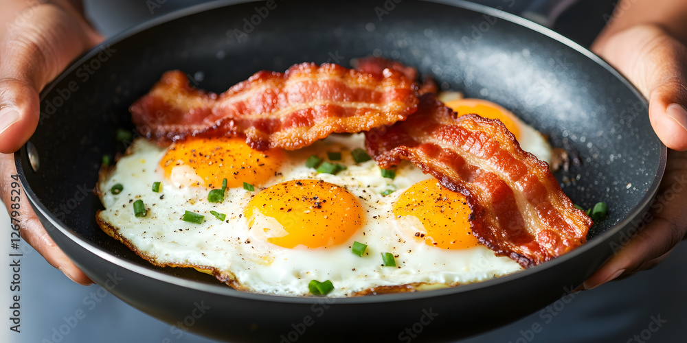 Delicious fried eggs and crispy bacon in a pan, garnished with chives. A classic breakfast combination, perfect for a hearty and satisfying meal. Delicious fried eggs and crispy bacon in a pan, garnished with chives. A classic breakfast combination, perfect for a hearty and satisfying meal.